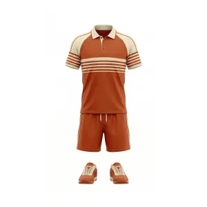 Front view of a men's table tennis outfit, featuring a terracotta and cream striped polo shirt and matching shorts with retro trainers.