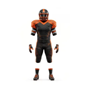 Front and back views of a black and orange geometric American football uniform set, including helmet, jersey, pads, pants, gloves, and cleats.