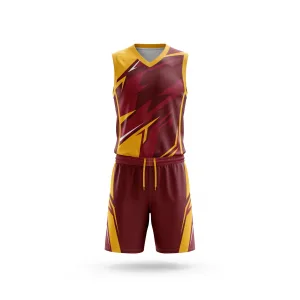Maroon and yellow volleyball uniform with lightning bolt design, front and back views