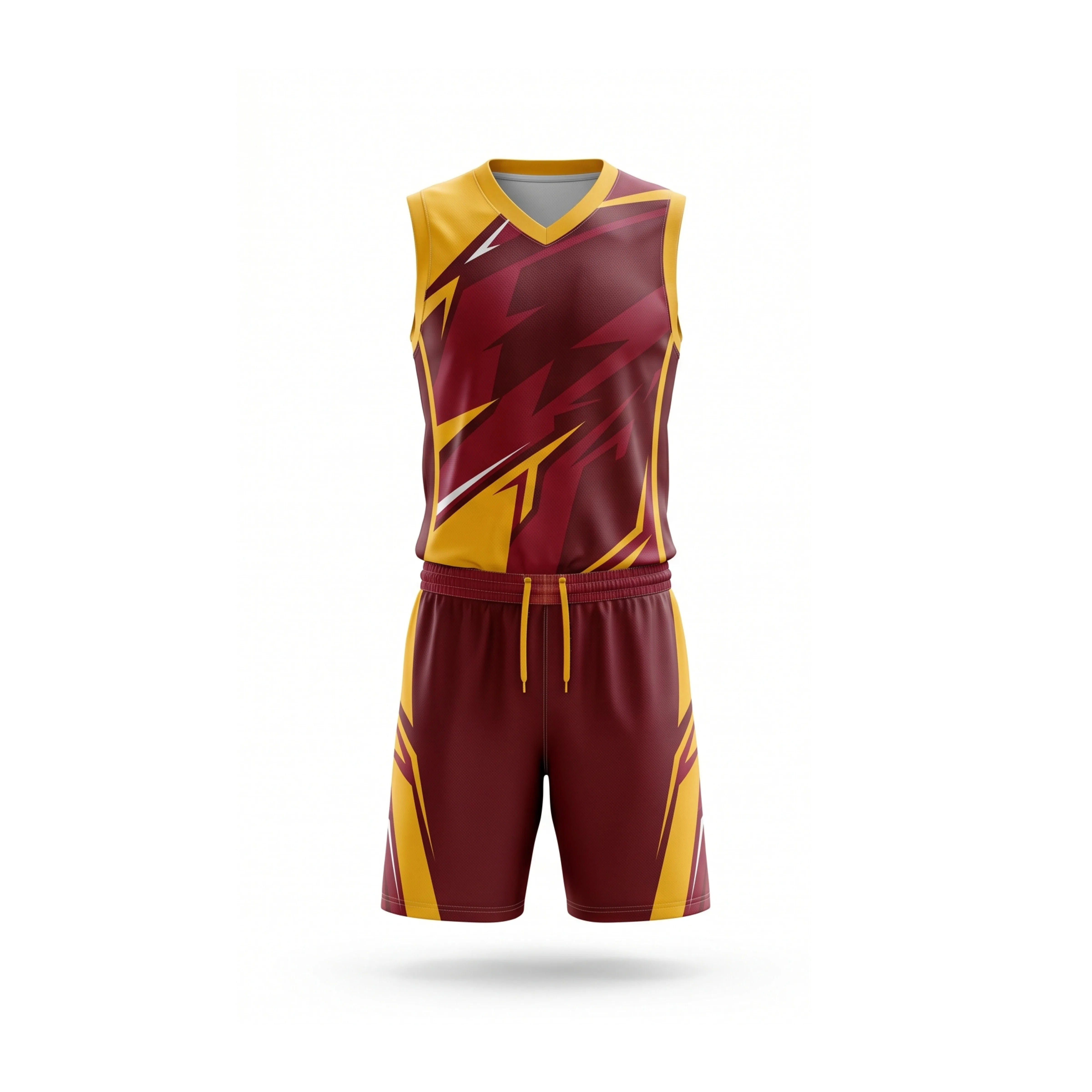 Maroon and yellow volleyball uniform with lightning bolt design, front and back views