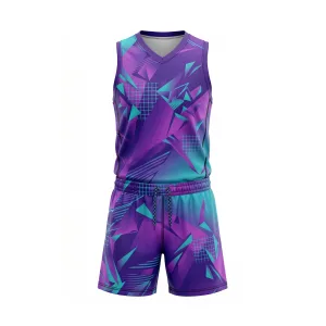 Purple and teal geometric volleyball uniform set with sleeveless jersey and shorts