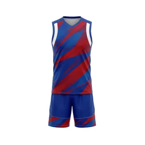 Red and blue diagonal stripe volleyball uniform set with sleeveless jersey and shorts
