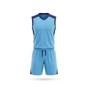 Light blue volleyball uniform with dark blue accents, sleeveless jersey and shorts