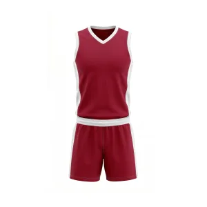 Maroon volleyball uniform with white trim, sleeveless jersey and shorts