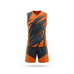 Orange and dark grey volleyball uniform with abstract pattern, front and back view