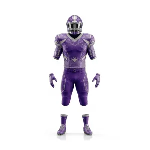 Full American football uniform in vibrant purple and white accents including helmet, jersey, pants, gloves, and cleats for player equipment.