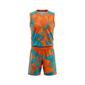 Orange and teal geometric volleyball uniform set with sleeveless jersey and shorts