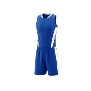 Royal blue volleyball uniform with white accents, sleeveless jersey and shorts