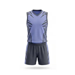 Periwinkle and grey volleyball uniform with geometric pattern, front and back view