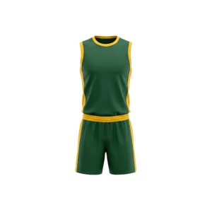 Green and yellow volleyball uniform set with yellow trim, featuring a sleeveless jersey and matching shorts