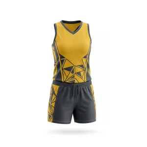 Yellow and dark grey volleyball uniform with geometric pattern design