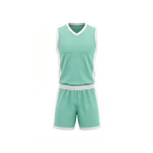 Mint green volleyball uniform with white trim, front and back view