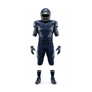Front view of a complete navy blue and silver geometric pattern American football uniform set, including helmet, jersey, pants, gloves, and cleats.