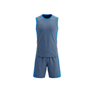 Grey and blue volleyball uniform set with contrasting trim, sleeveless jersey and shorts