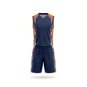 Navy blue volleyball uniform with orange and white side stripes