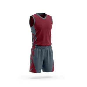 Maroon and grey volleyball uniform with side panels, sleeveless jersey and shorts