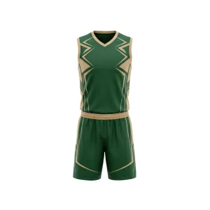 Dark green and beige volleyball uniform with zig-zag pattern, sleeveless top and matching shorts