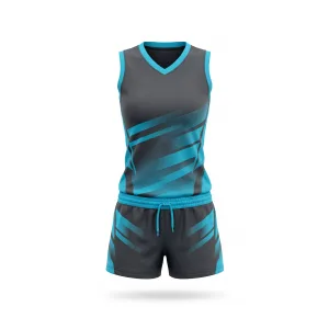 Gray and teal blue volleyball uniform with diagonal stripes, sleeveless jersey and shorts