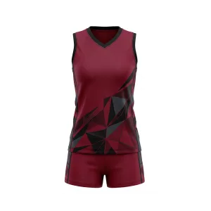 Maroon and black geometric volleyball uniform set with sleeveless jersey and matching shorts