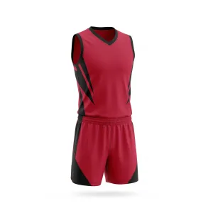 Red and black volleyball uniform set with V-neck jersey and matching shorts