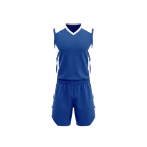 Royal blue volleyball uniform with white accents, sleeveless jersey and matching shorts