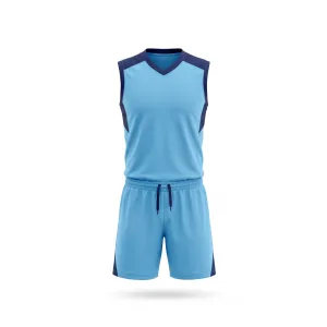 Light blue volleyball uniform with dark blue accents, sleeveless jersey and shorts