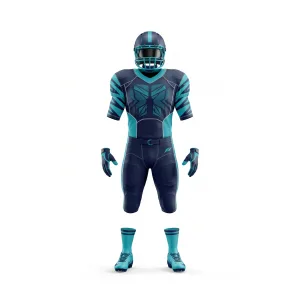 Front view of a dark blue and teal geometric pattern American football uniform set, including helmet, jersey, pants, gloves, and cleats.