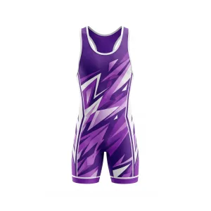 Purple wrestling singlet with white accents and abstract pattern, designed for comfort and performance