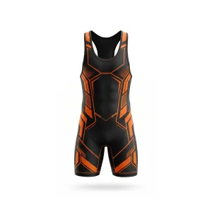 Black and orange geometric pattern wrestling singlet, front and back view