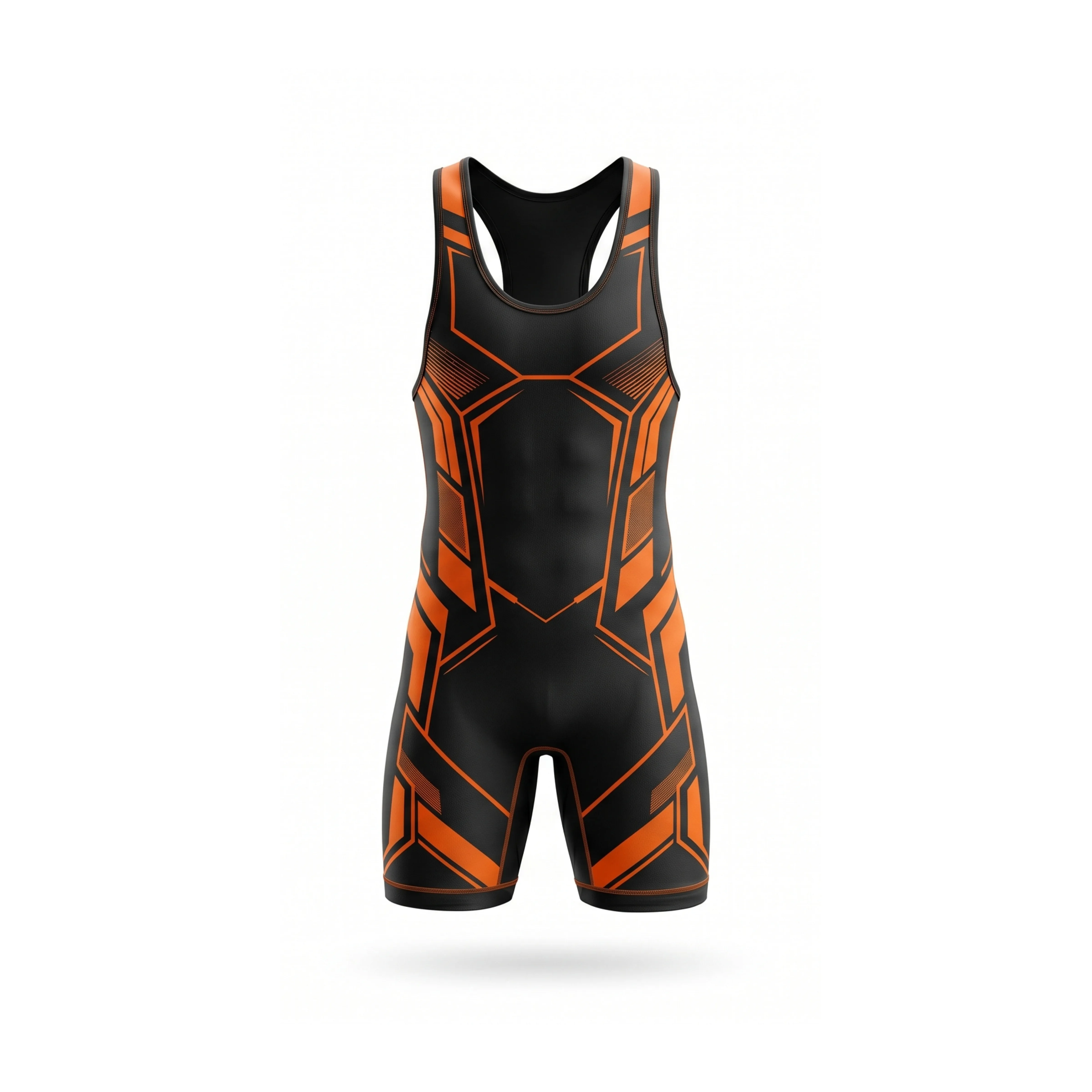 Black and orange geometric pattern wrestling singlet, front and back view