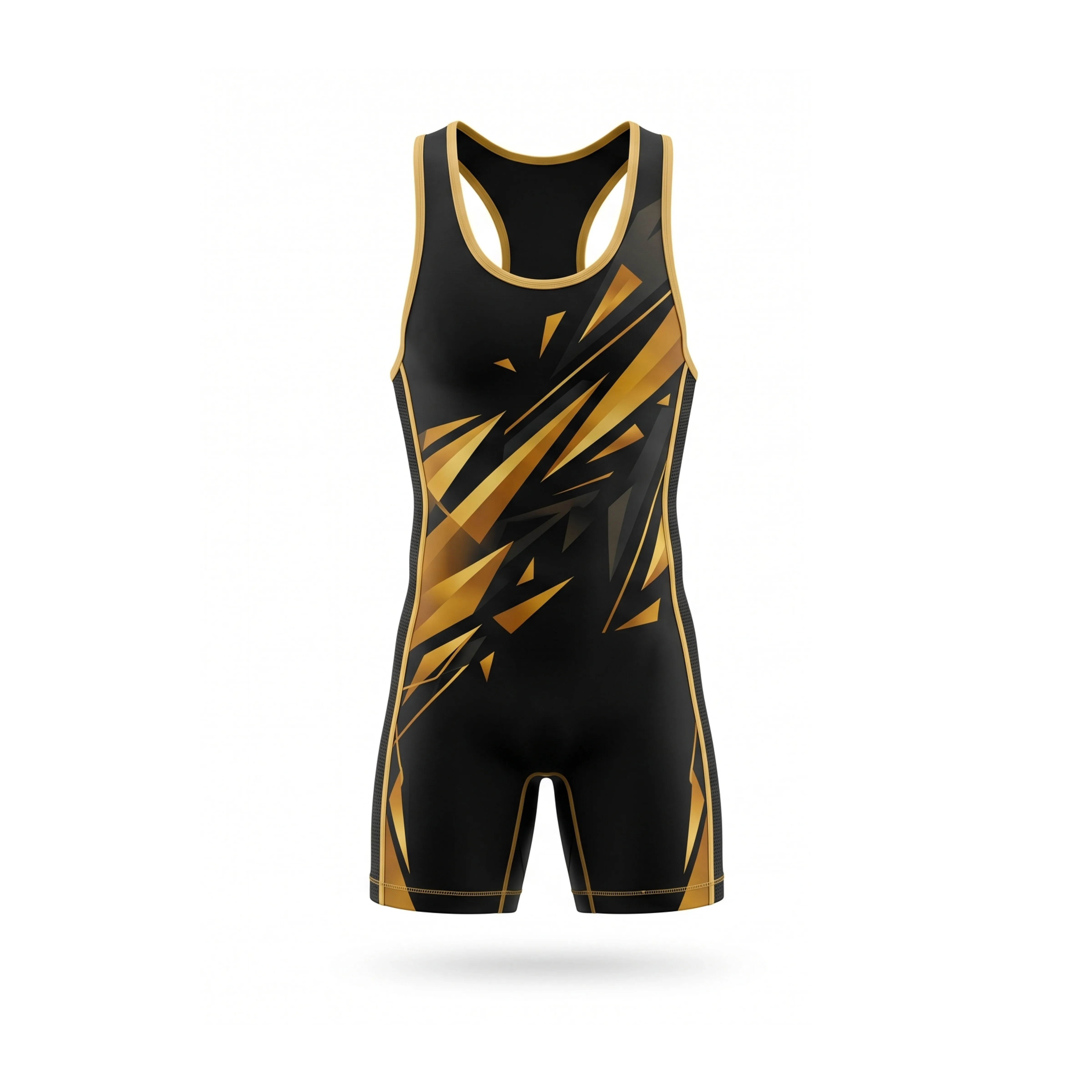 Black and gold abstract wrestling singlet with yellow accents