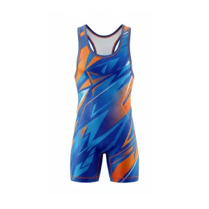 Blue and orange geometric wrestling singlet on a white background