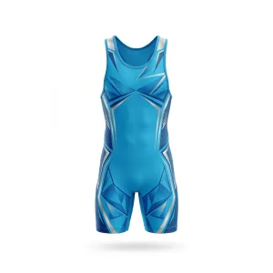 Teal blue wrestling singlet with geometric pattern design