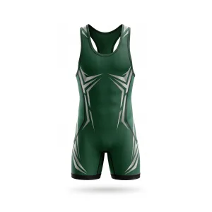 Emerald green wrestling singlet with grey accents, front and back views