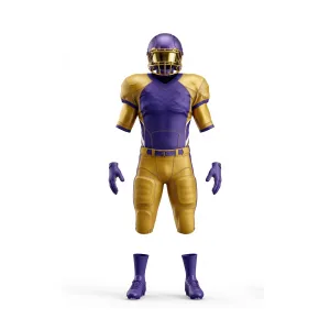 Purple and gold American football uniform set, including helmet, jersey, padded pants, gloves, and cleats, disassembled view.