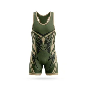 Olive green and beige wrestling singlet with unique geometric pattern