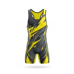 Dynamic grey and neon yellow wrestling singlet with shattered geometric pattern, front and back view, designed for performance.
