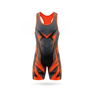 Black and orange graphic wrestling singlet with unique design