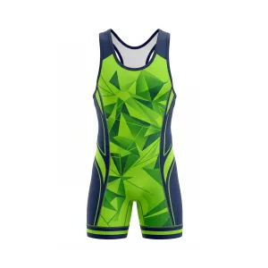 Front view of a vibrant lime green geometric wrestling singlet with navy blue side panels and trim, ideal for competition.