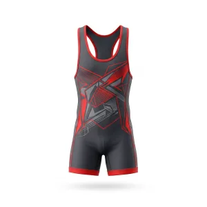 Front and back view of a dark grey and red geometric pattern wrestling singlet for men.