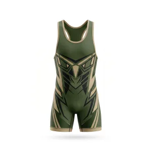 Front and back view of an olive green wrestling singlet with a tan and black geometric pattern.
