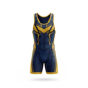 Front view of a men's navy gold geometric pattern wrestling singlet, showcasing its dynamic design for athletic competition wear.