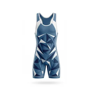 Front view of a men's blue and white geometric pattern wrestling singlet on a white background.