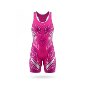 Front and back view of a vibrant pink and silver geometric pattern wrestling singlet for female athletes.