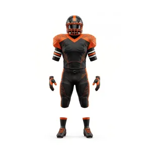 Black and orange geometric American football uniform set including helmet, shoulder pads, jersey, pants, gloves, and cleats displayed on a white background.