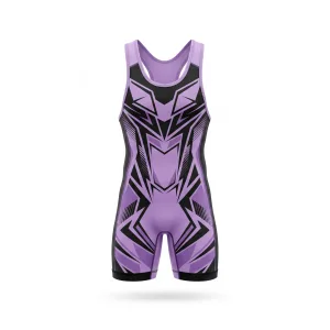 Front and back views of a vibrant purple and black geometric pattern wrestling singlet, designed for athletic performance.
