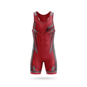 Front view of a red and grey angular patterned wrestling singlet from Spenix Sports Wear