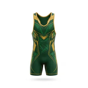 Front and back view of a deep forest green and metallic gold geometric pattern wrestling singlet for competition