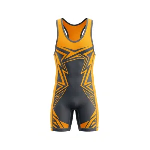 Front and back view of an orange and dark grey geometric pattern wrestling singlet for men, featuring a dynamic bolt design.