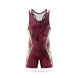 Front view of a maroon and cream geometric pattern wrestling singlet with sharp, abstract lines, ready for competition